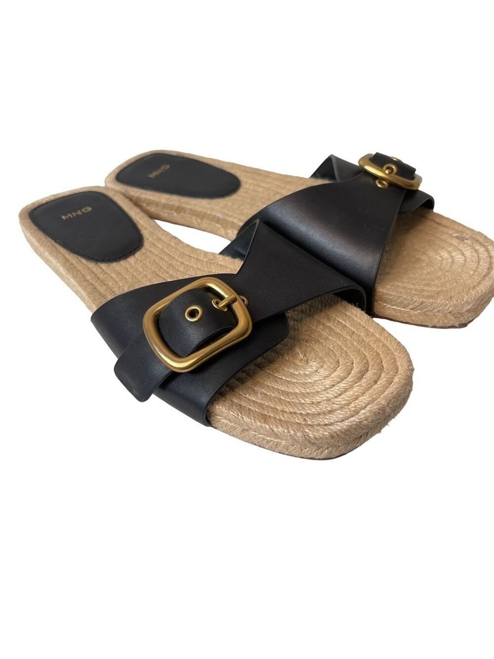 MNG Mango Black Raffia Espadrille Slide Sandals Gold Buckle Womens 10